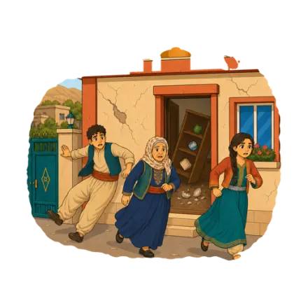 Illustration from the app's felt-report picker: a family leaving a shaking home, a stronger shaking-intensity level.