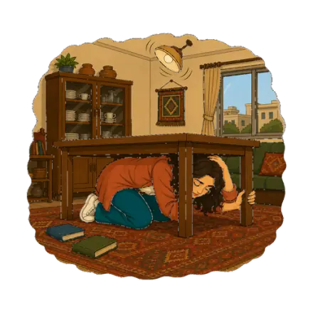 Illustration from the app's safety guides: drop, cover, and hold on under a table.