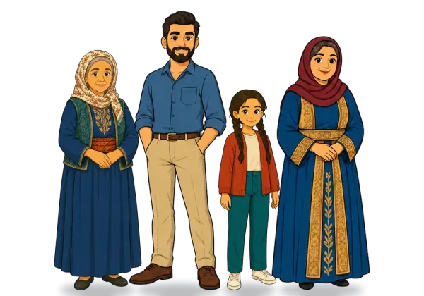 An illustrated family: a grandmother, a father, a girl and a mother.
