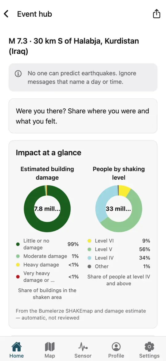 An earthquake’s Event hub in the app, with what people felt and a summary of its effects.