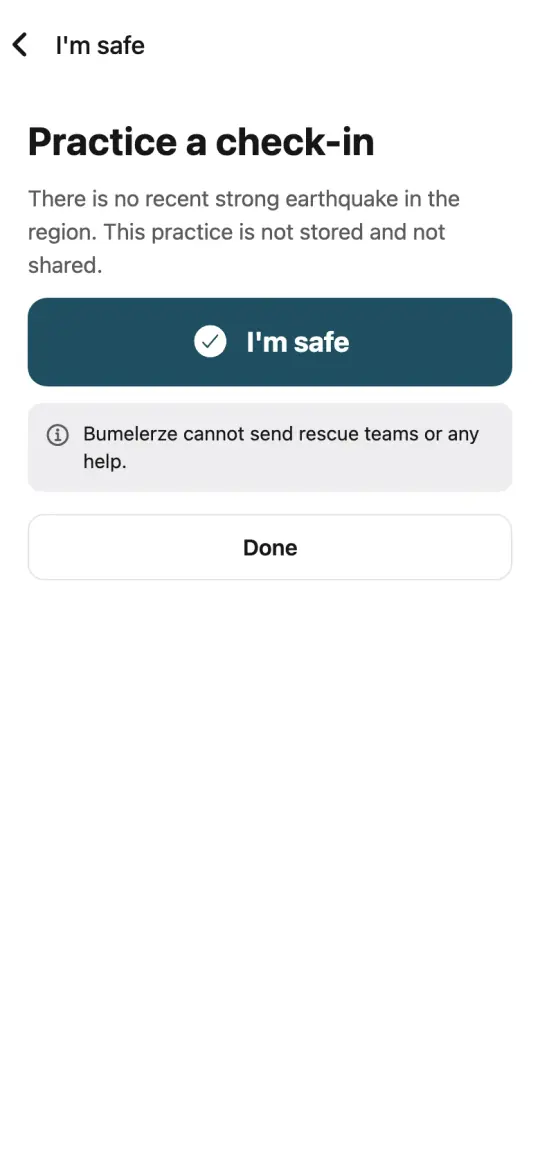The app's “I’m safe” screen with one large button.