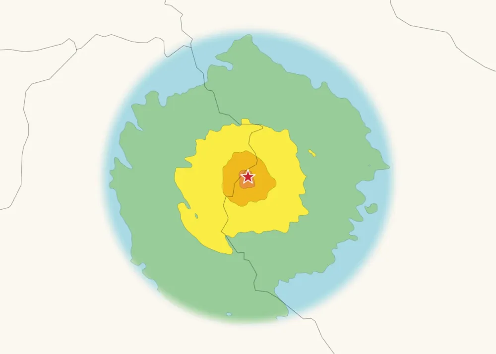 Map of estimated shaking intensity for the 12 November 2017 earthquake near Halabja, strongest around the epicentre and weaker with distance.